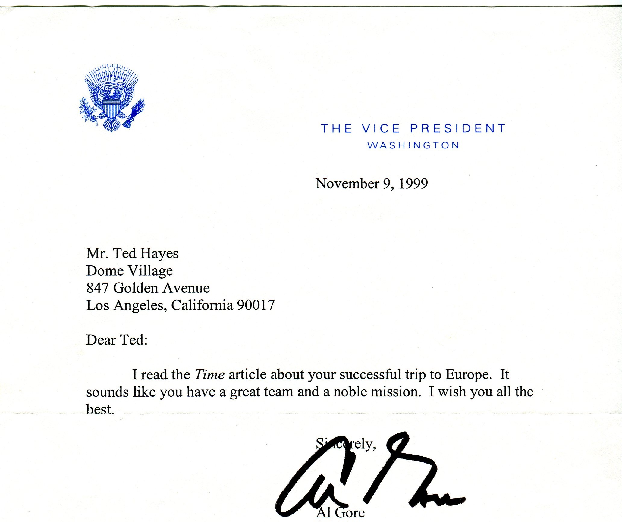 Acknowledgement from Vice President Al Gore